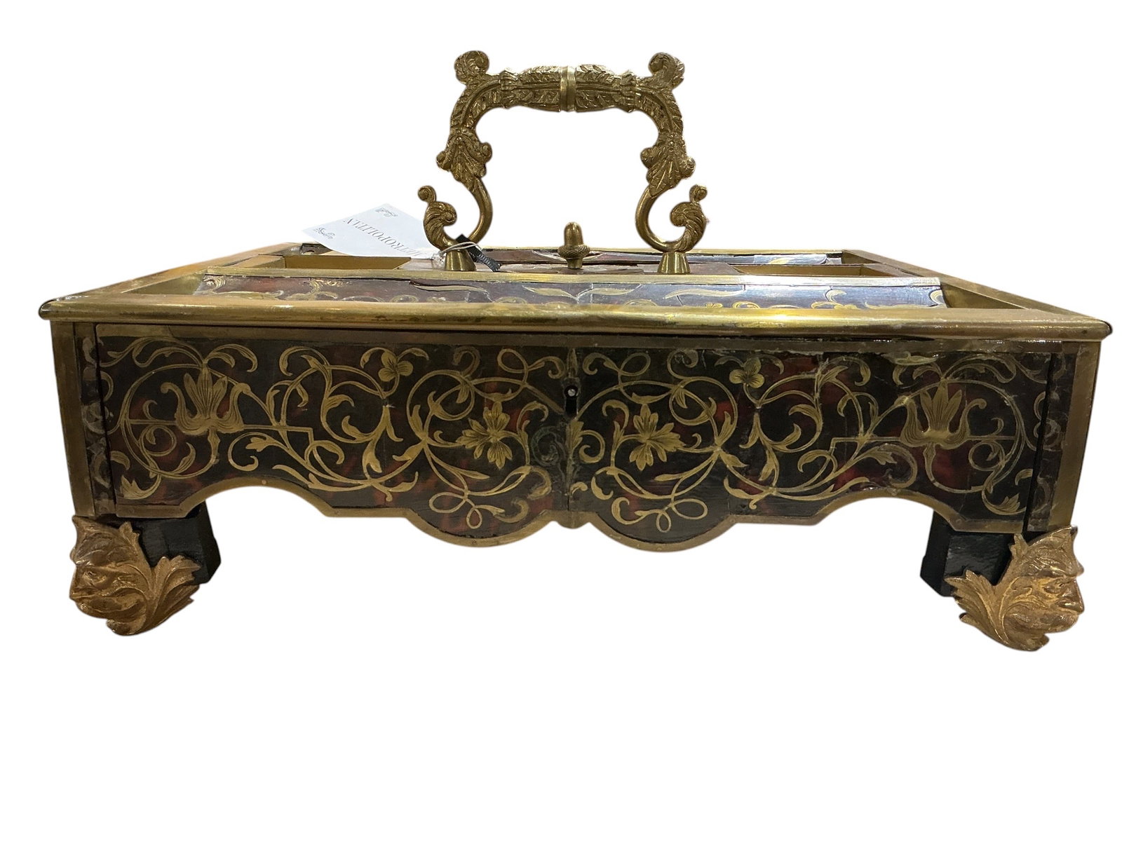 AQ068 - 19th Century Louis Philippe Style Crystal and Dore Bronze Inkwell: A refined 19th century Louis Philippe style desk inkwell, combining cut crystal, richly decorated panels, and ornate dore bronze mounts, exemplifying the elegance of period writing accessories.