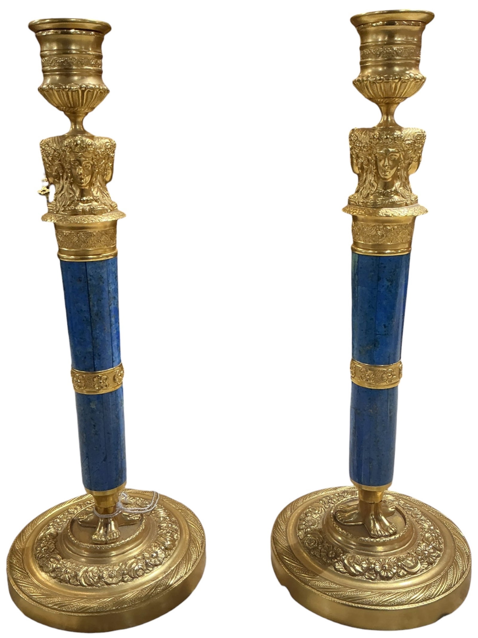 LC098- Pair of Lapis Lazuli and Dore Bronze Candlesticks: A striking and elegant pair of candlesticks cra