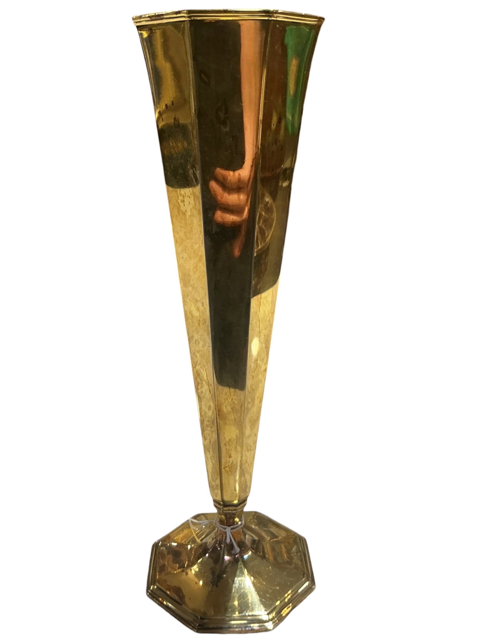 RAS687 - Tiffany & Co. Sterling Silver Trumpet Vase with Gold Wash Interior: A refined sterling silver trumpet-form vase by Tiffany & Co., featuring a graceful flared silhouette rising from a faceted, stepped base. The form is both elegant and architectural, with subtle