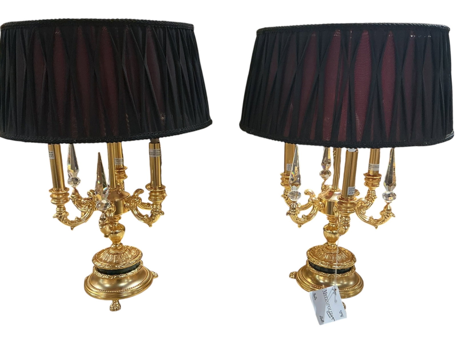 LM079 - Pair of Dore Bronze Table Lamps in Candelabra Form: A sophisticated pair of table lamps crafted in dore bronze, designed in the form of classical candelabra. Each lamp features a central stem rising from a tiered, circular base, supporting multiple