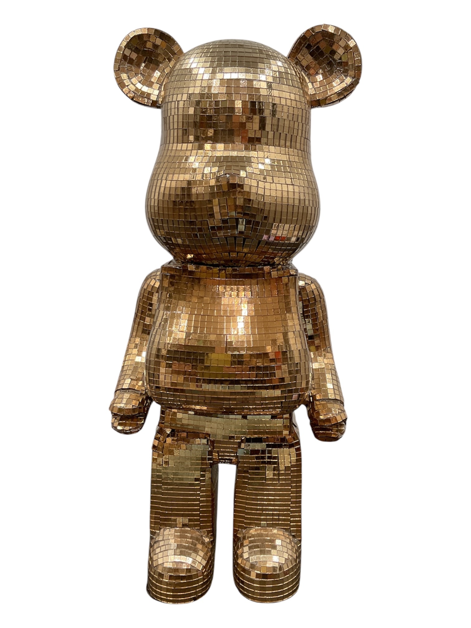 Bearbrick Style Golden Disco Mirror Sculpture: This striking contemporary sculpture features a stylized ursine form reminiscent of the iconic Bearbrick silhouette, entirely clad in a shimmering mosaic of golden mirrored glass tiles. The faceted su