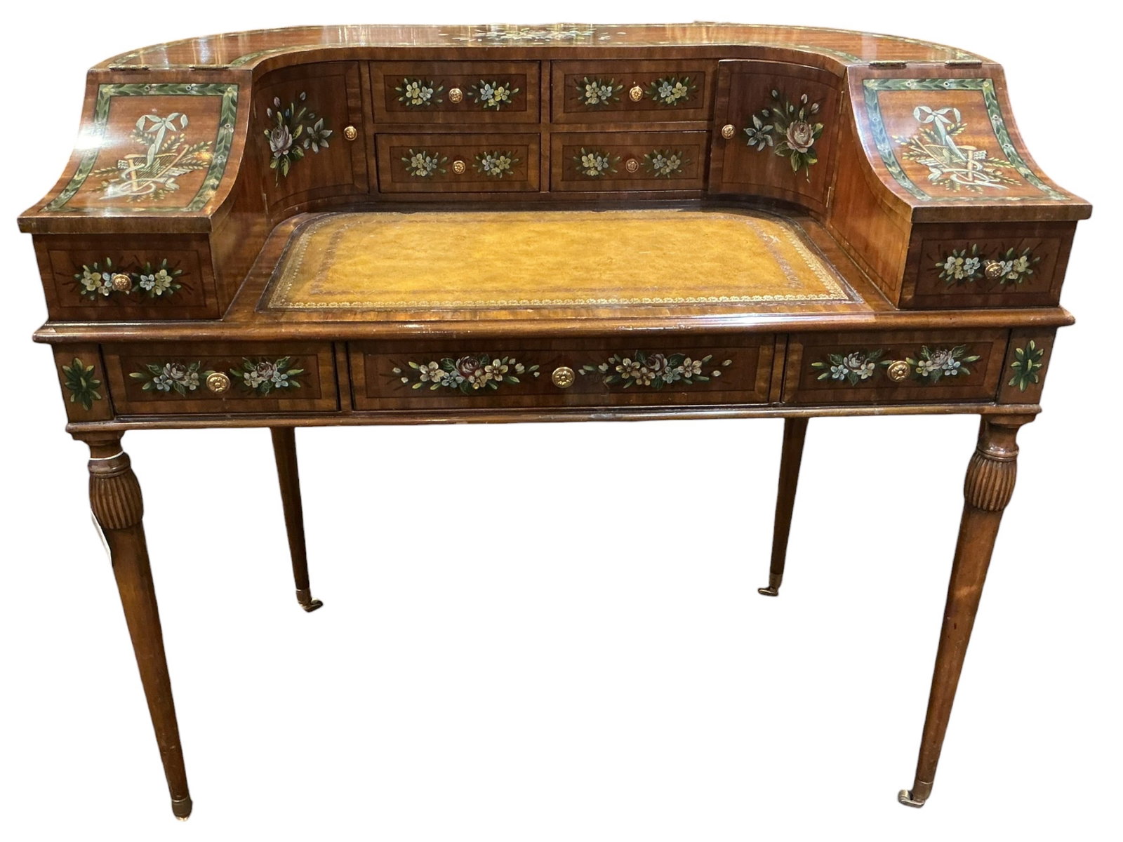 FR100- Inlaid Wood Secretary Desk: A finely crafted inlaid wood secretary desk executed in a classic European style, featuring a gracefully curved superstructure and elegant proportions. The desk is richly veneered in warm-toned