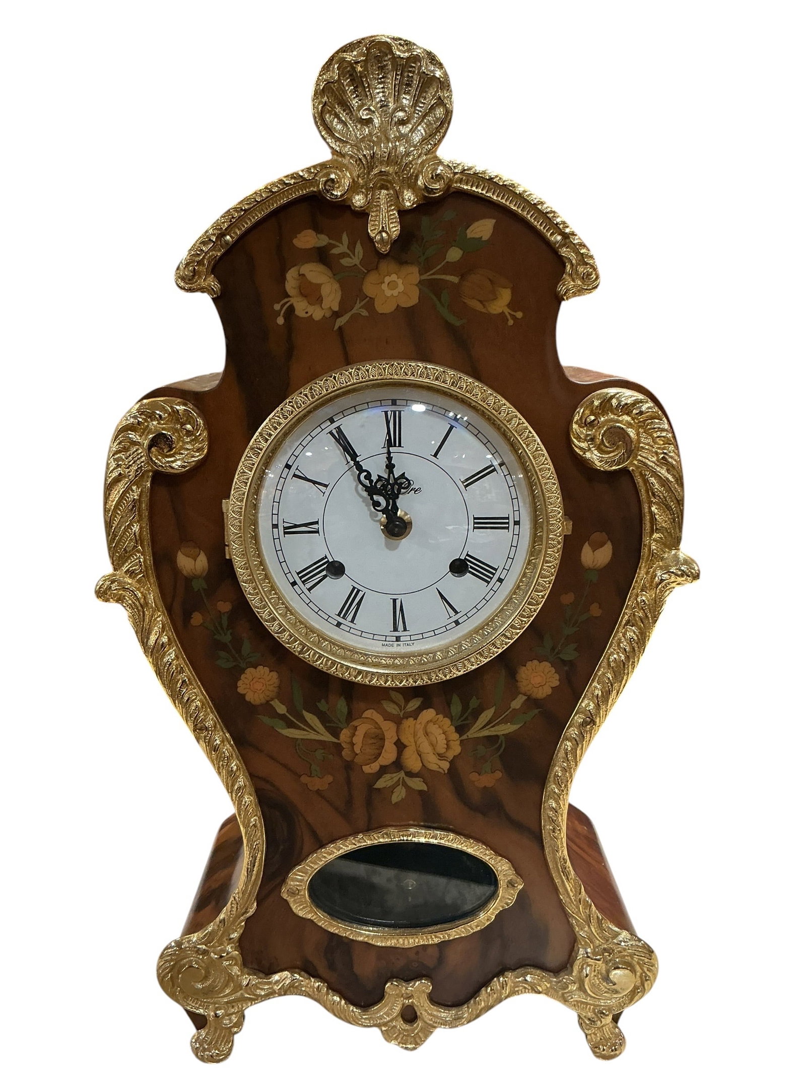 CK177 - Italian Inlaid Wood Mantel Clock: A finely crafted Italian mantel clock featuri