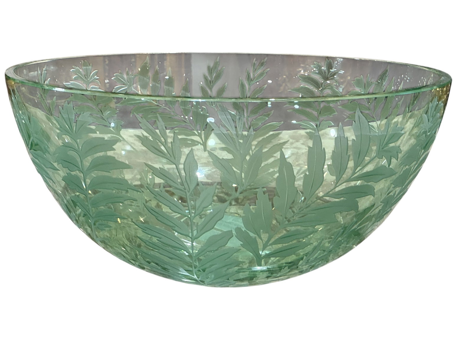 CS427- FabergÃ© Style Green Crystal Bowl with Etched Leaf Decoration: A beautifully crafted green crystal bowl in the Fabergé style, featuring an elegant hemispherical form and finely etched decoration throughout. The bowl is rendered in translucent green