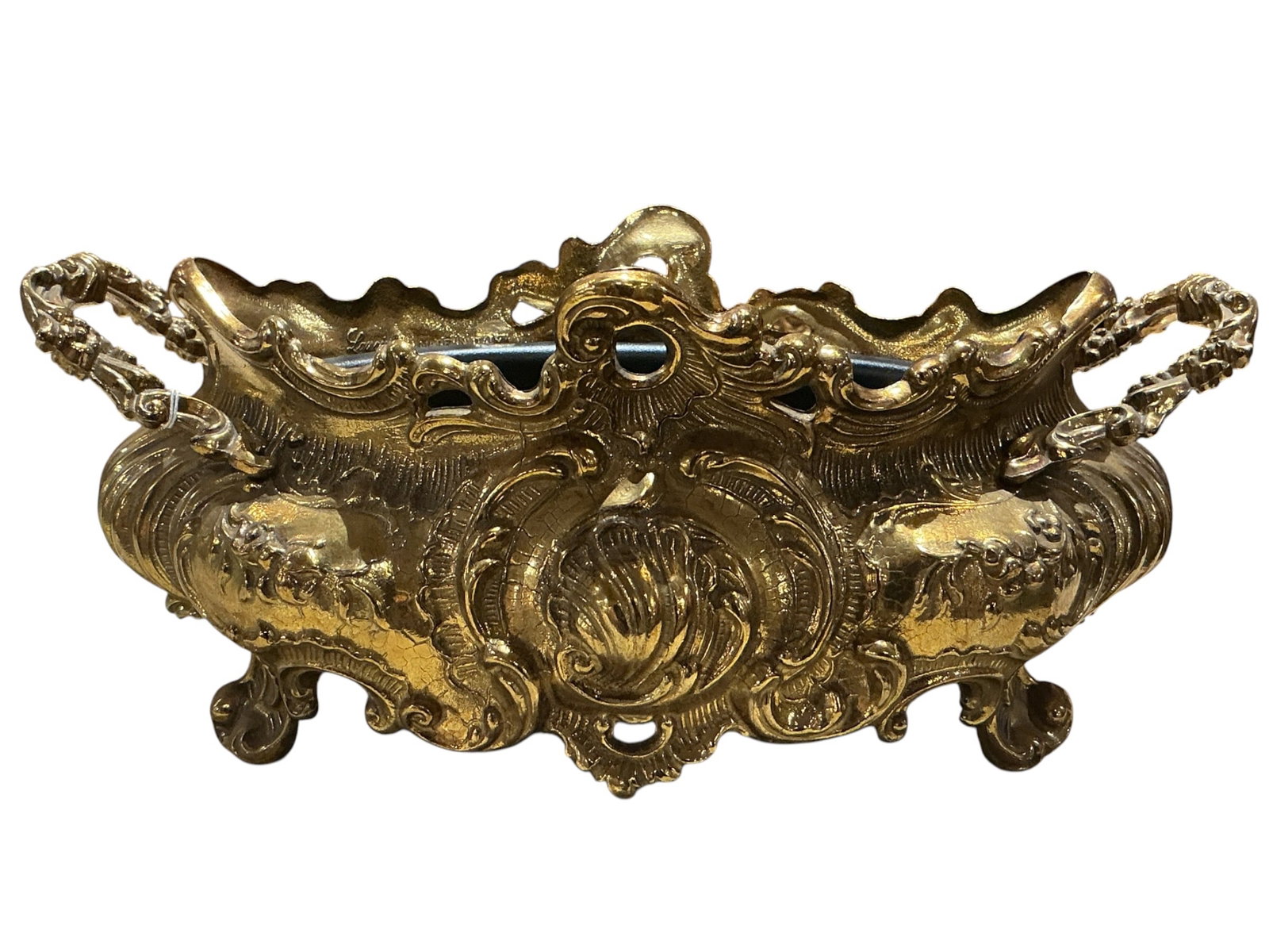 AQ135 - 19th Century French Louis XV Style Brass Centerpiece: A richly ornamented 19th century French centerpiece executed in brass, designed in the Louis XV style with exuberant Rococo-inspired detailing. The body features a flowing, asymmetrical form with
