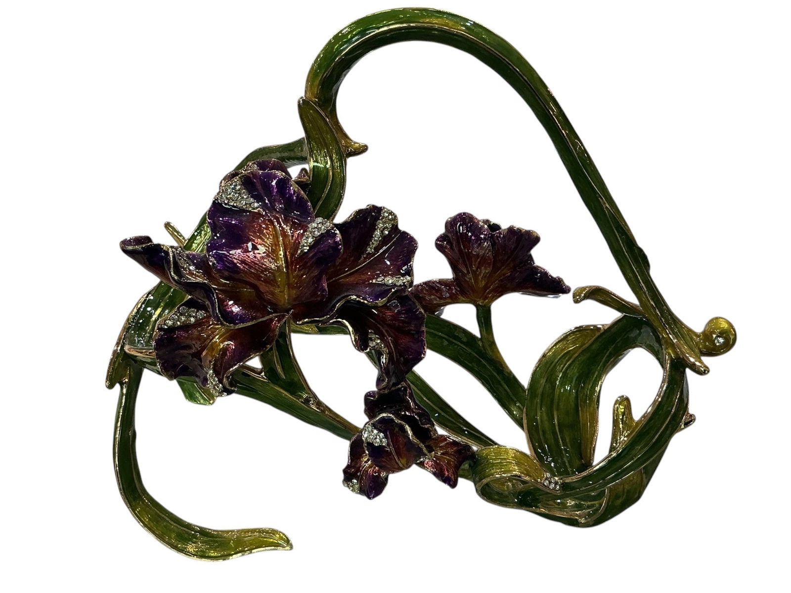 Crystal and Enamel Floral Form Wine Holder: A highly decorative wine holder crafted in crystal and adorned with vibrant enamel in a naturalistic floral design. The piece is formed as an openwork structure of intertwining stems and leaves, creat