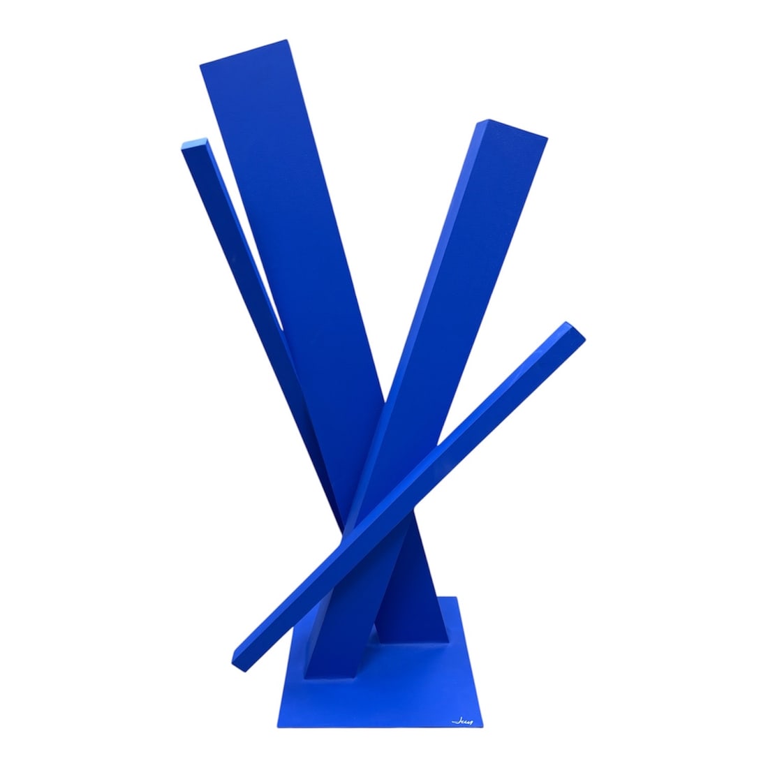 "Blue Cross-Lines #2023" by Luis Kaiulani, Aluminum Sculpture, 2019: A bold and architecturally striking contemporary sculpture by Luis Kaiulani titled "Blue Cross-Lines #2023", created in 2019. This large-scale work features an arrangement of intersecting li