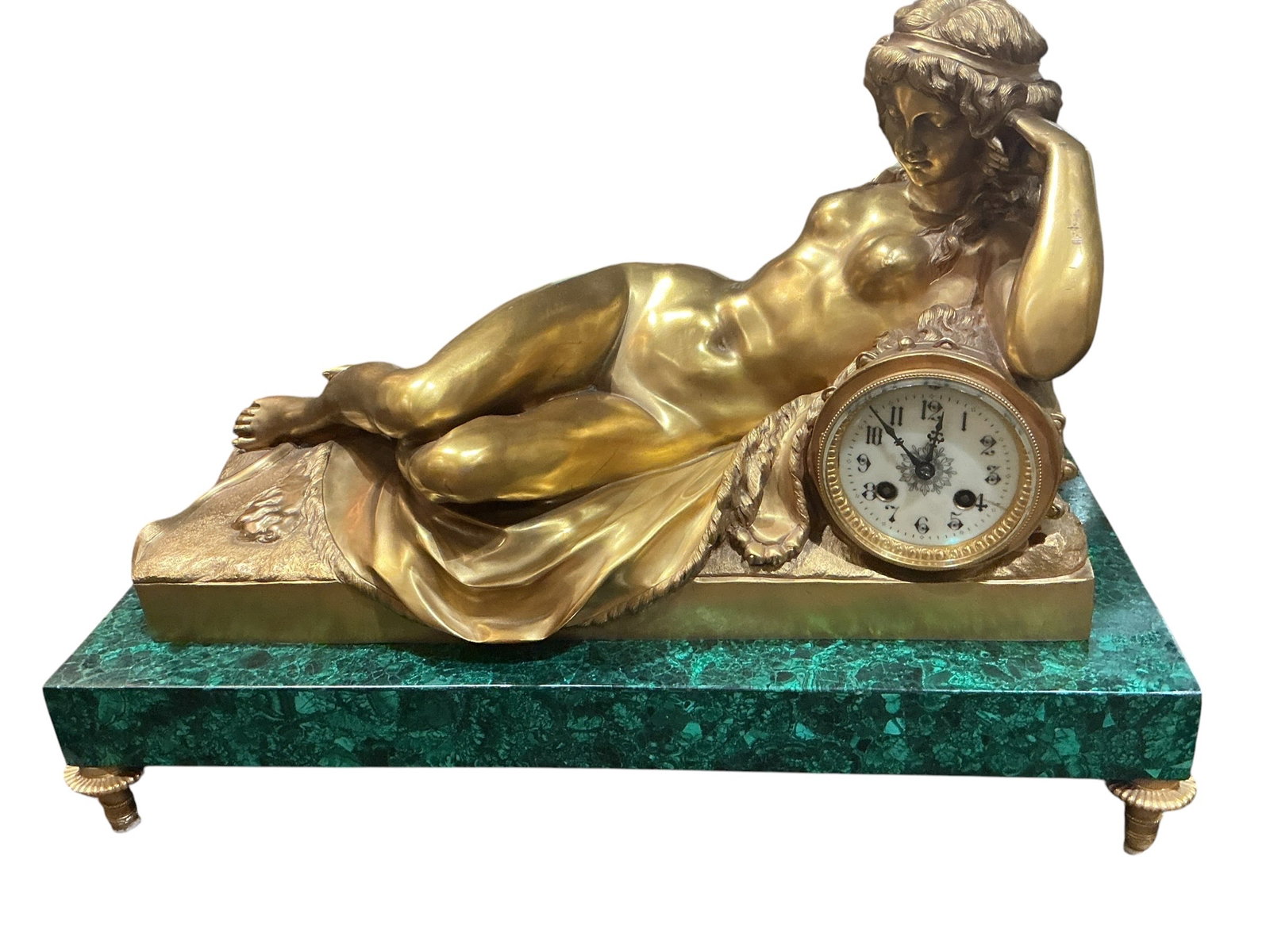 CK099- 19th Century Malachite and Dore Bronze Figural Mantel Clock (1 of 4)
