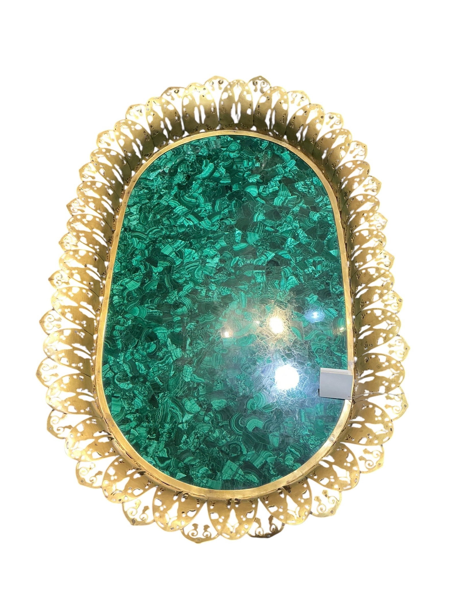 MC105 - Russian Malachite and Dore Bronze Centerpiece Tray: A striking Russian centerpiece tray featuring a richly patterned malachite surface set within an ornate dore bronze frame. The oval form showcases the vivid green tones and natural swirling patterns o