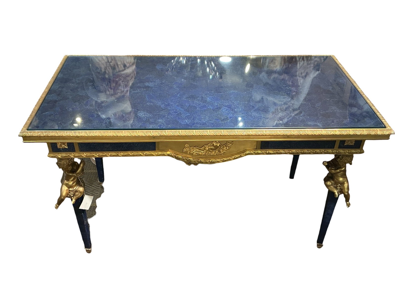 LC129- Lapis Lazuli and Dore Bronze Cherub Mounted Table: An exceptional table featuring a luxurious la