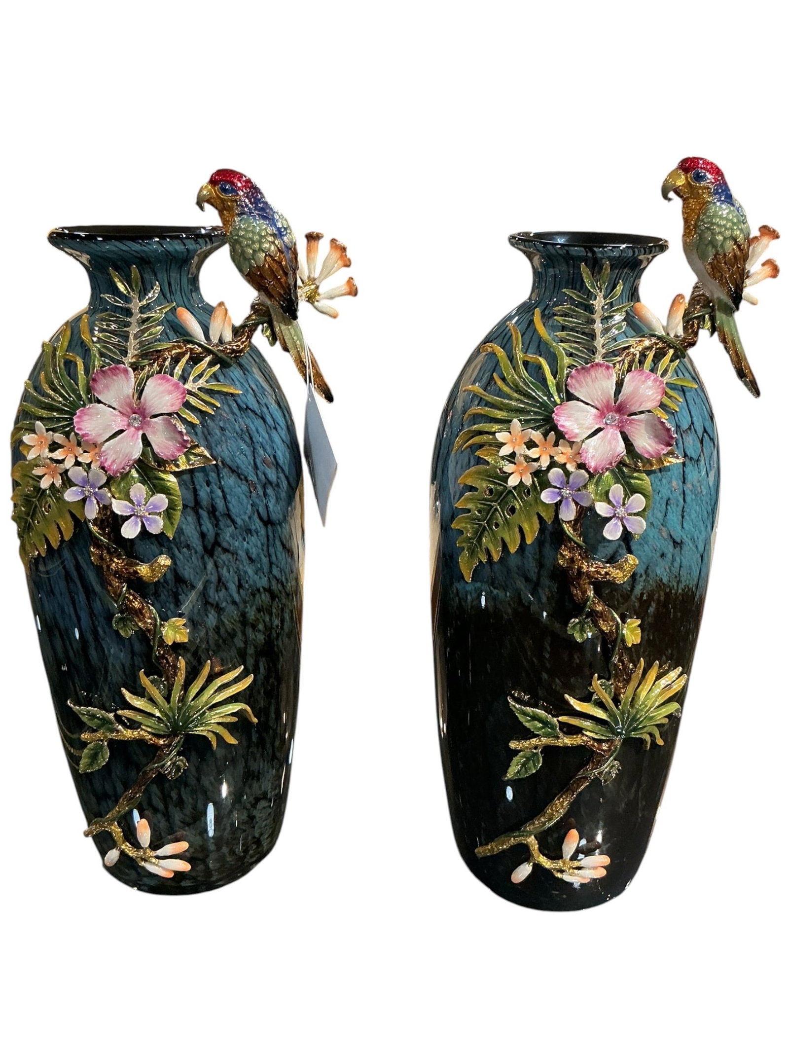 CS1056- Pair of Blue Crystal and Enamel Mounted Vases with Parrot Decoration (1 of 5)