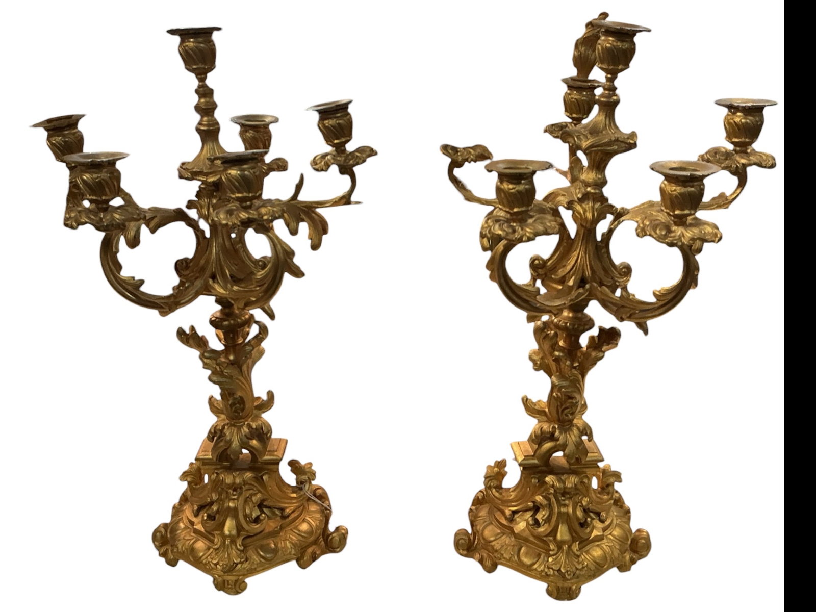 AQ061- Pair of 19th Century Five-Light Dore Bronze Candelabra: An impressive pair of 19th century candelabra executed in finely cast dore bronze, designed in an ornate Rococo-inspired style. Each candelabrum features a richly sculpted central stem rising from a s