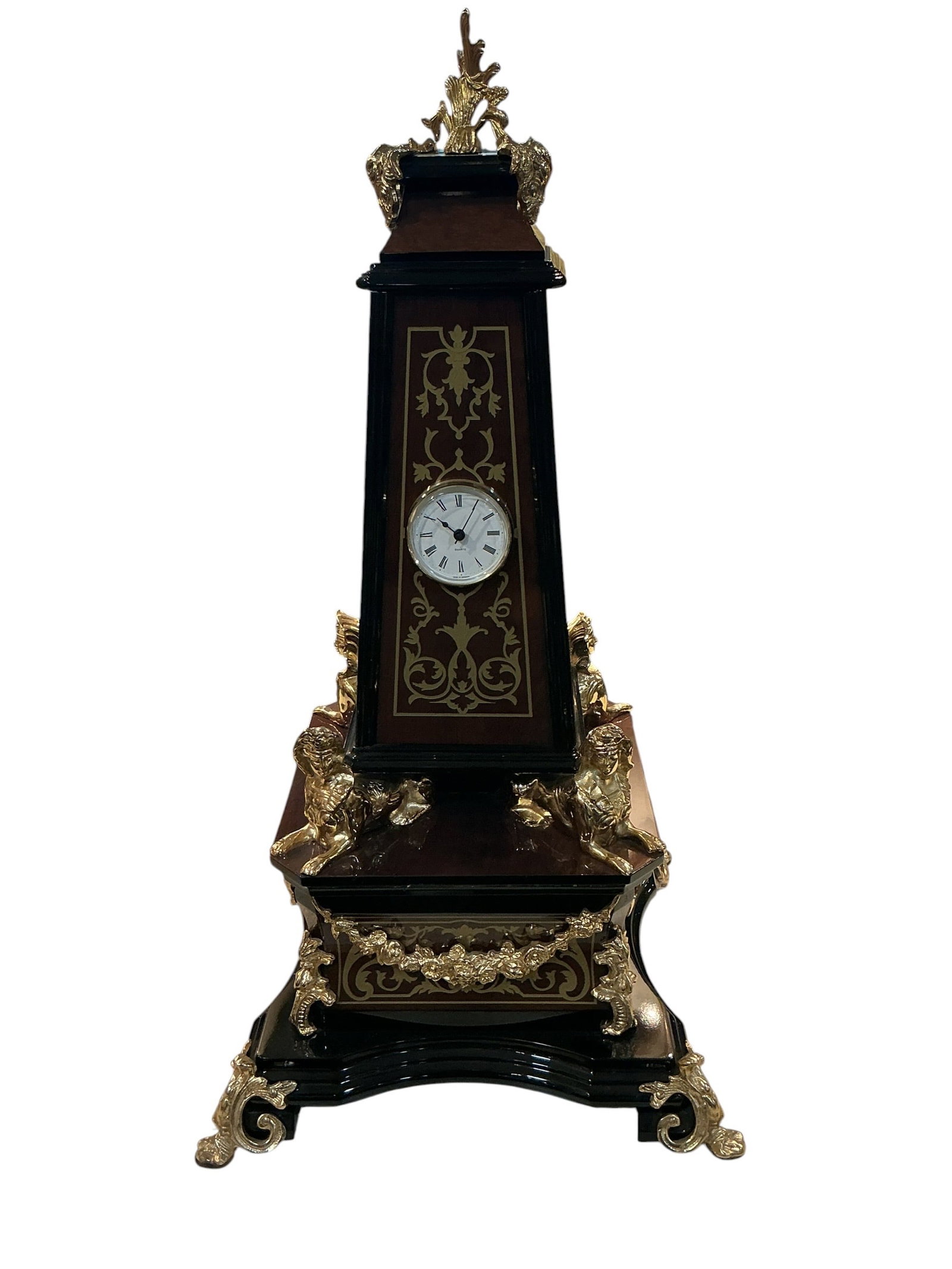 CK251- Italian Inlaid Wood and Dore Bronze Table Clock: A finely crafted Italian table clock execute
