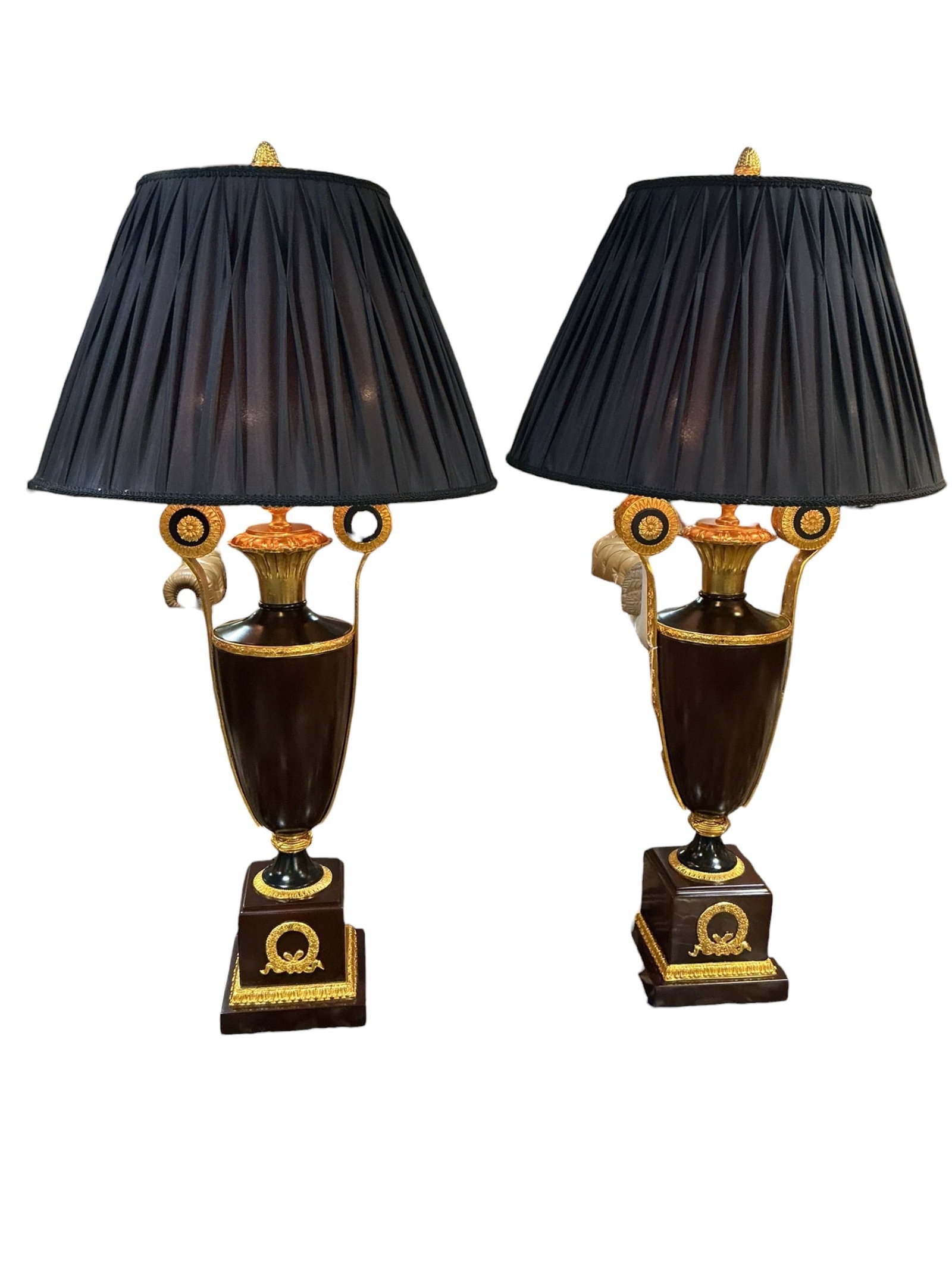 LM085- Pair of Wood and Dore Bronze Table Lamps: A refined pair of table lamps crafted in woo