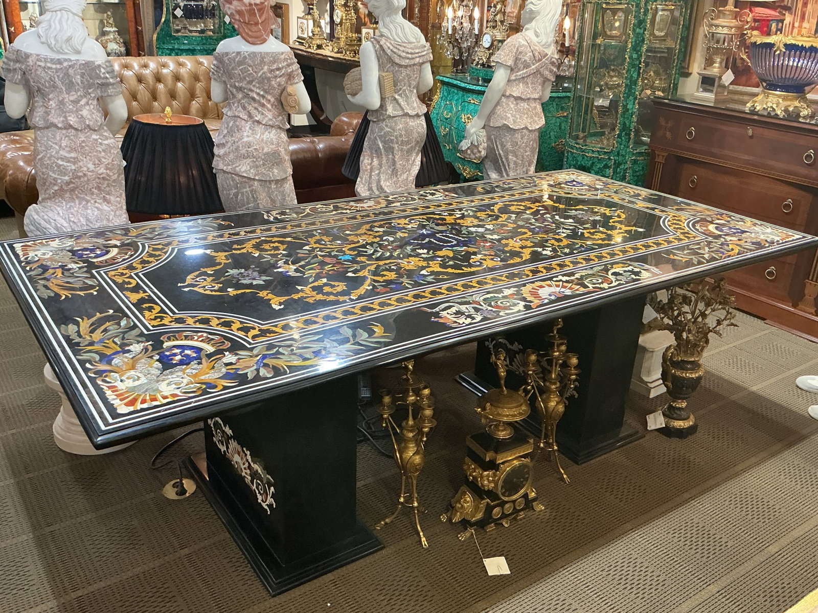 FR278- Italian Pietra Dura Inlaid Marble and Bronze Table: An exceptional Italian table featuring a mon