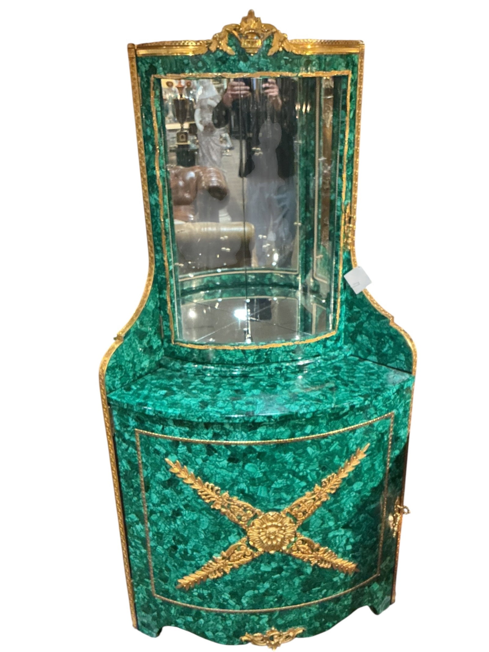MC224- Malachite and Dore Bronze Corner Bar Cabinet: An exceptional corner bar cabinet crafted in