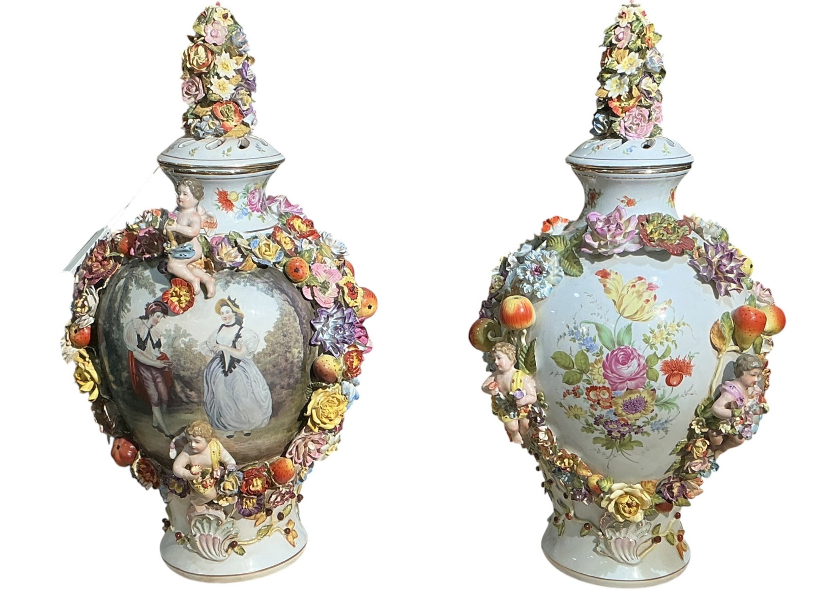 PC821 - Pair of 19th Century Dresden Porcelain Vases with Cherubs and Floral Encrustation: An exceptional pair of 19th century Dresden