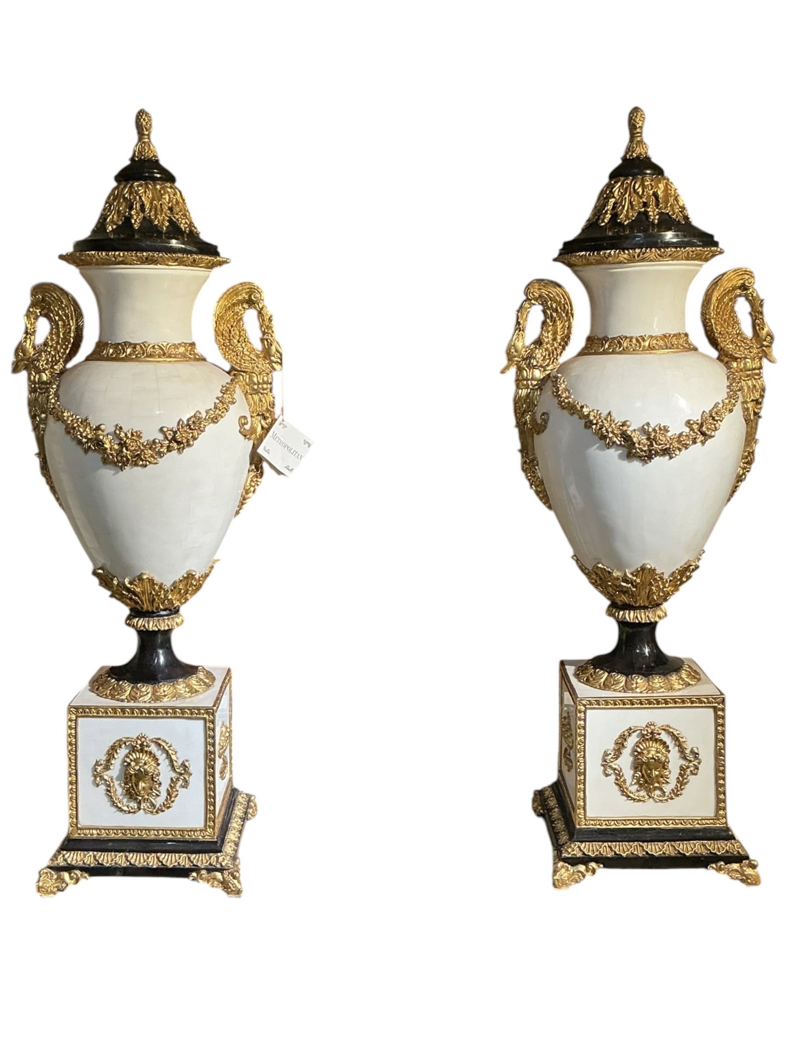 PC814- Pair of White Shell Mounted Urns with Swan Handles (1 of 13)