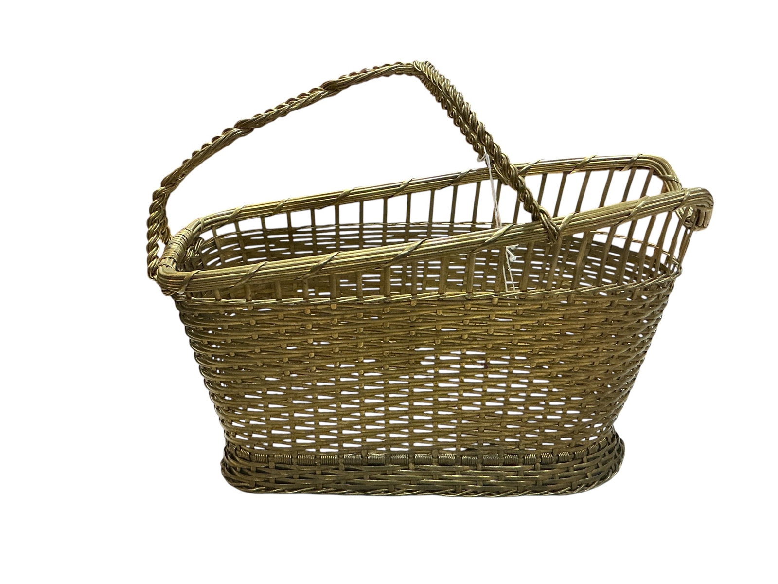AQ134 - 19th Century Silver Plated Wirework Wine Bottle Holder: A charming 19th century wine bottle holder crafted in silver-plated metal, featuring an intricate openwork wire design. The body is formed in a rectangular basket shape with gently flared sides, const