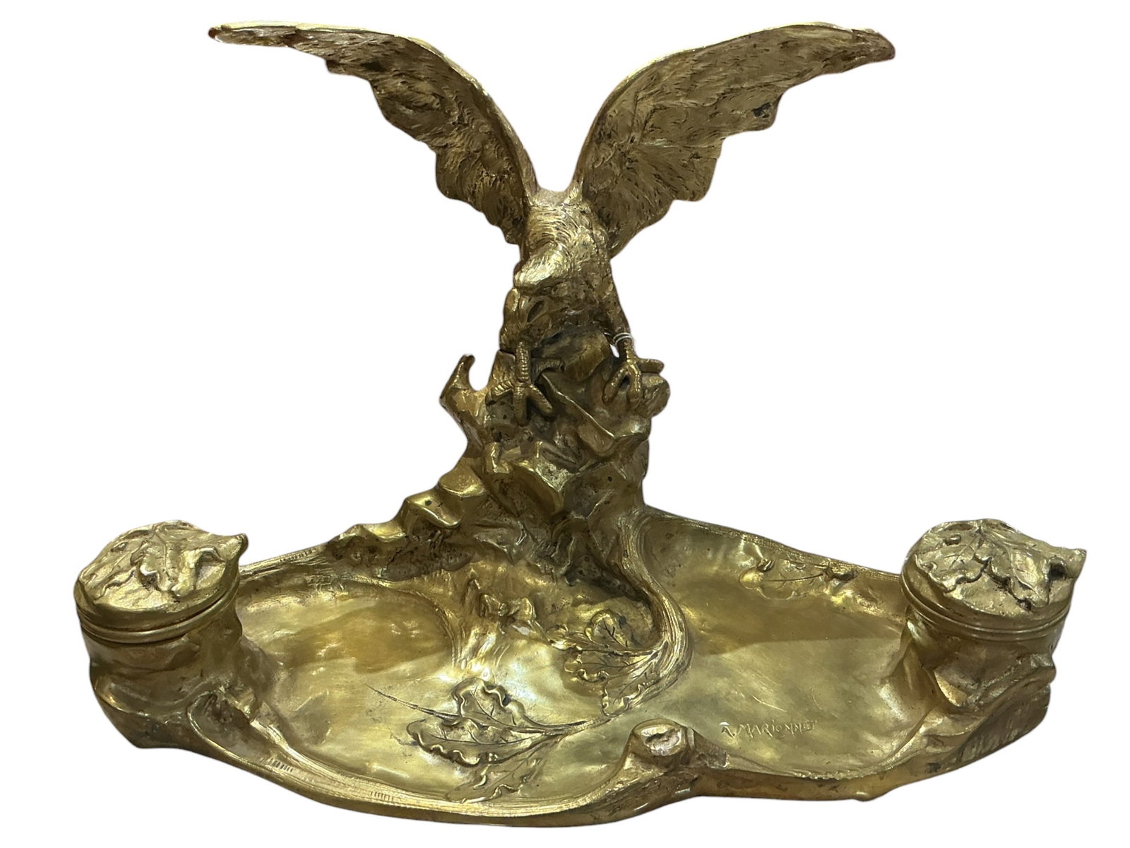 AQ066 - 19th Century French Empire Bronze Inkwell with Eagle, Signed A. Marionnet: A striking 19th century French Empire style