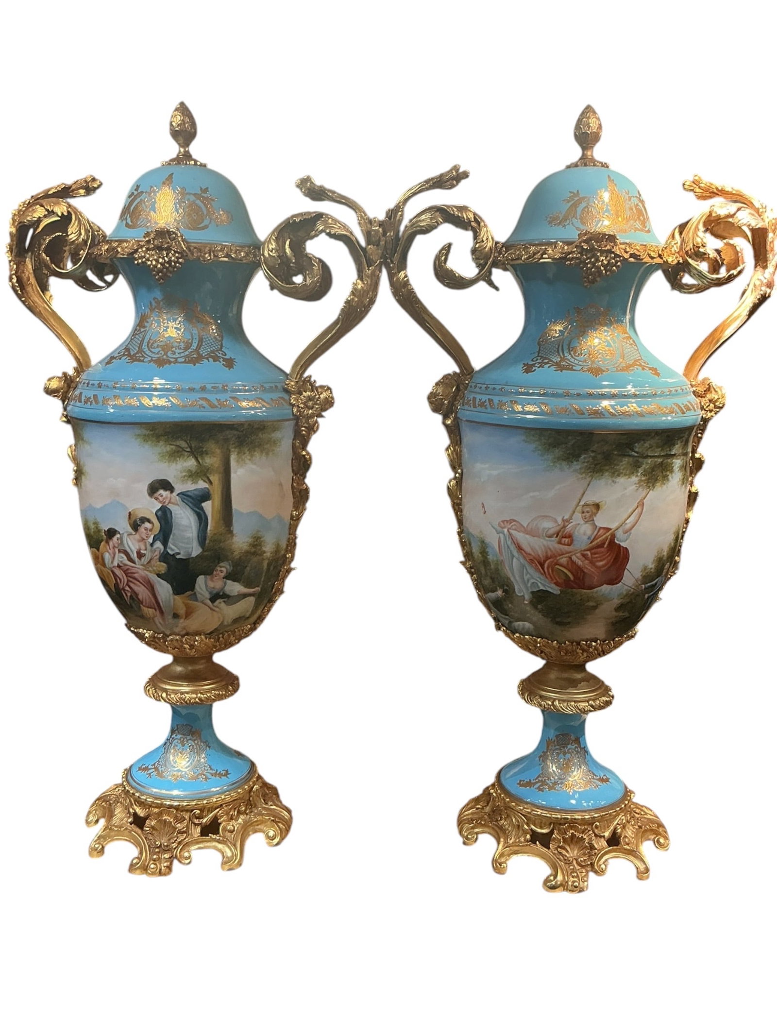 PC724 - Pair of 19th Century Sevres Style Turquoise Porcelain Vases with Dore Bronze Mounts (1 of 16)