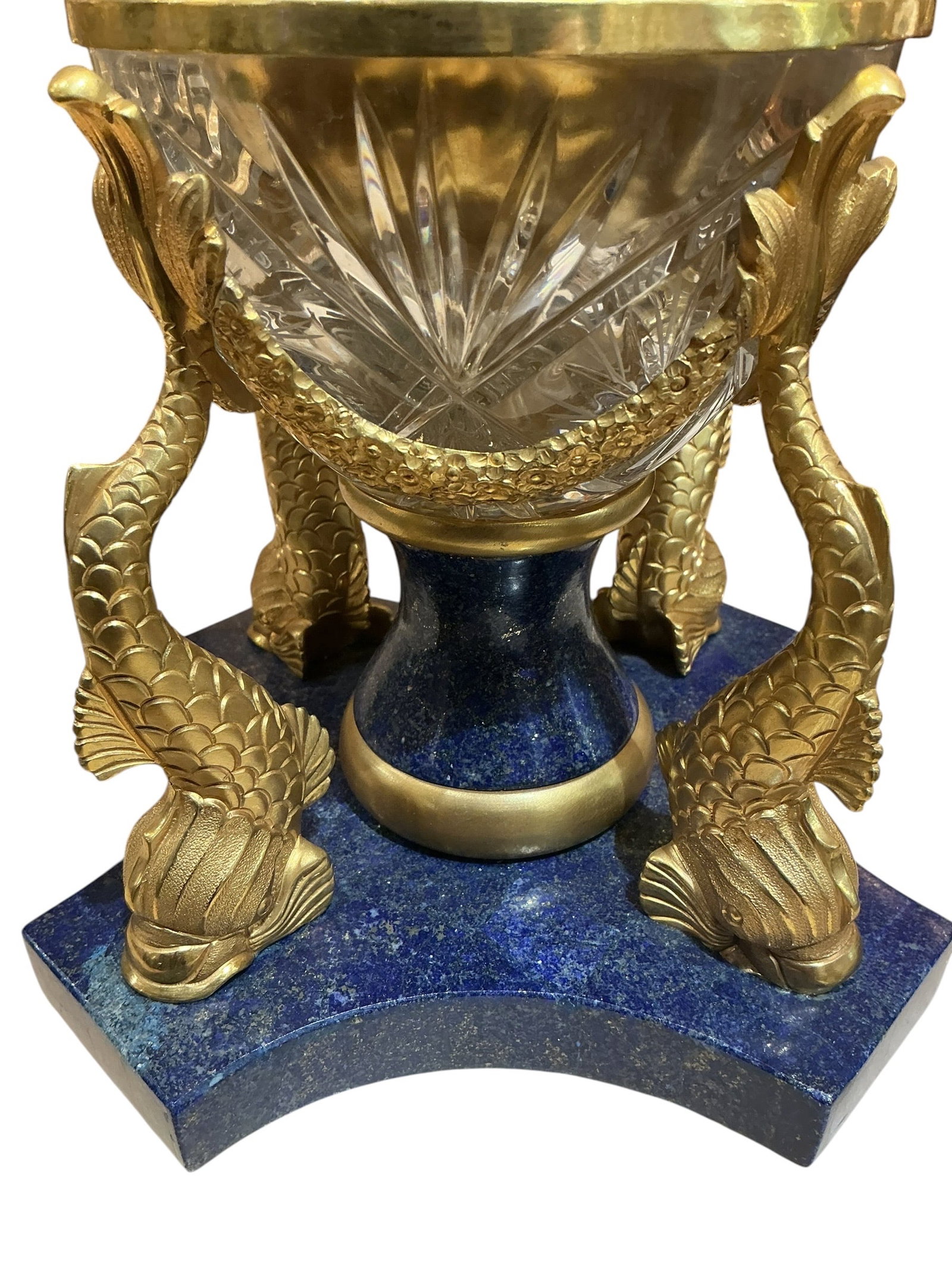 LC085- Lapis Lazuli, Cut Crystal and Dore Bronze Egg-Form Caviar Server: A luxurious egg-form caviar server crafted from finely cut crystal, mounted with dore bronze, and raised on a richly colored lapis lazuli base. The piece is designed in the manner of Imperial Russian 