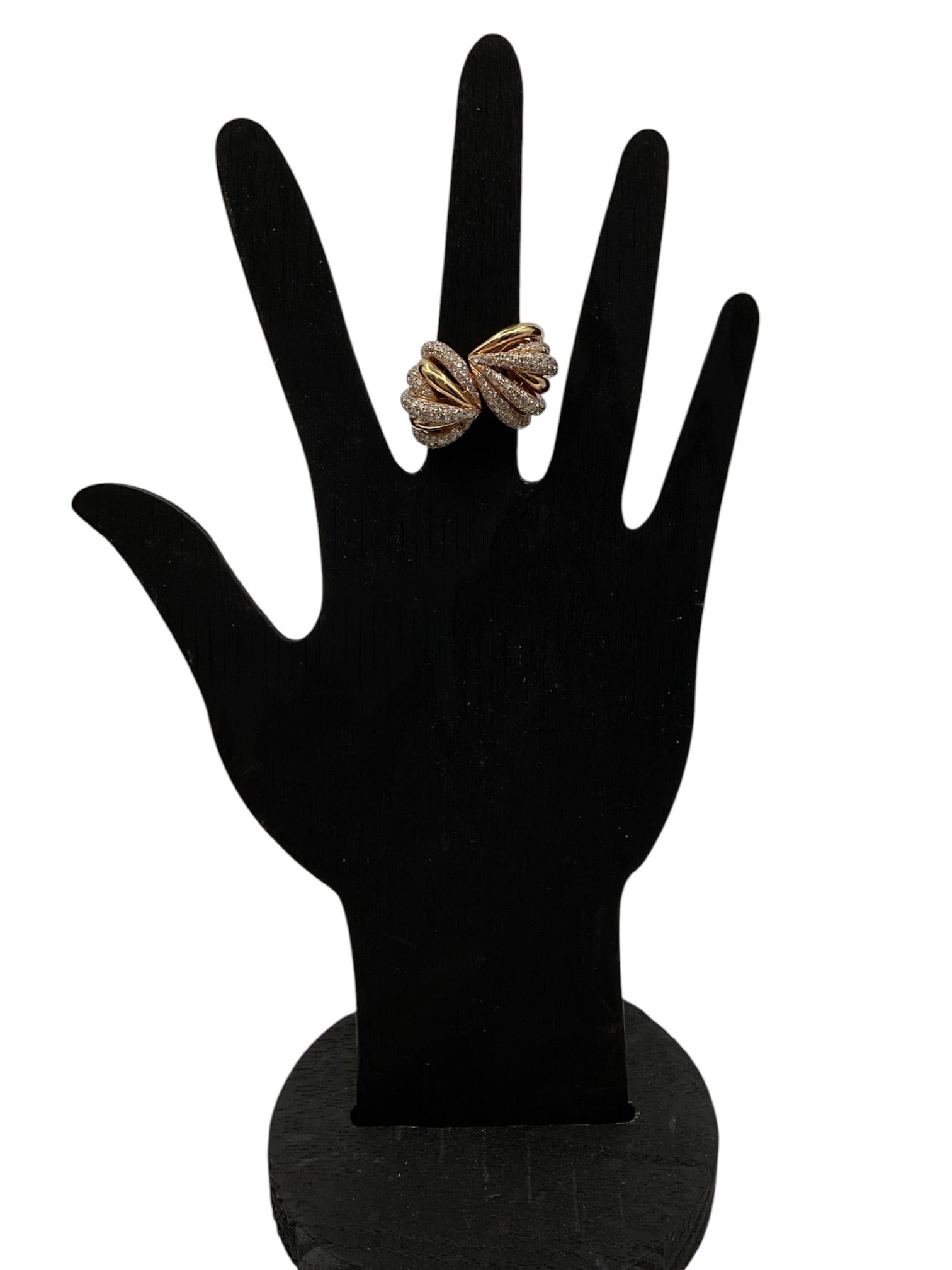 Multi-Band Rose Gold Diamond Ring: An elegant multi-band style rose gold ring featuring sweeping crossover forms accented with pavé-set natural diamonds. The sculptural design creates a layered ribbon-like appearance with polish