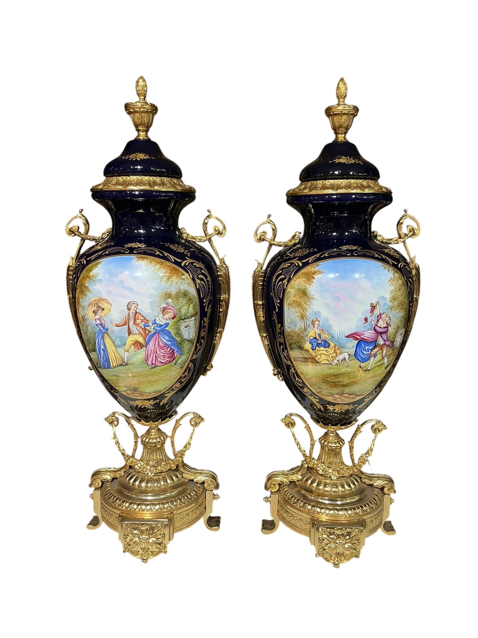 PC534 - Pair of Hand-Painted Porcelain Vases with Musical Dancing Scenes and Dore Bronze Mounts: An elegant pair of porcelain vases featurin