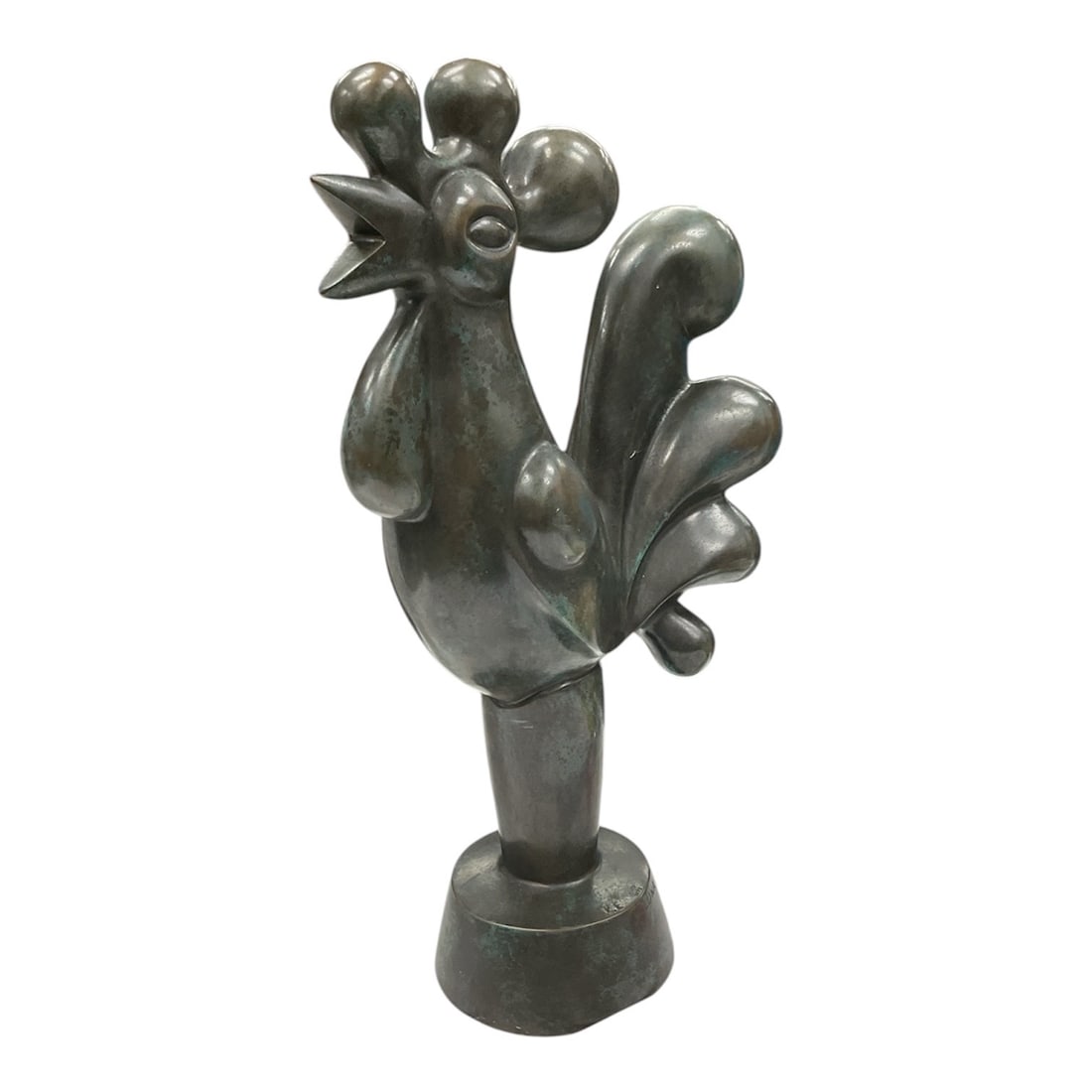 "Gallo" by Carlos Luna (Cuban, b. 1969) Bronze PE: This stylized bronze sculpture depicts a rooster with bold, voluminous forms and a dark greenish-brown patina. The work reflects Luna's signature "Neo-Guajiro" style, blending Cuban folk