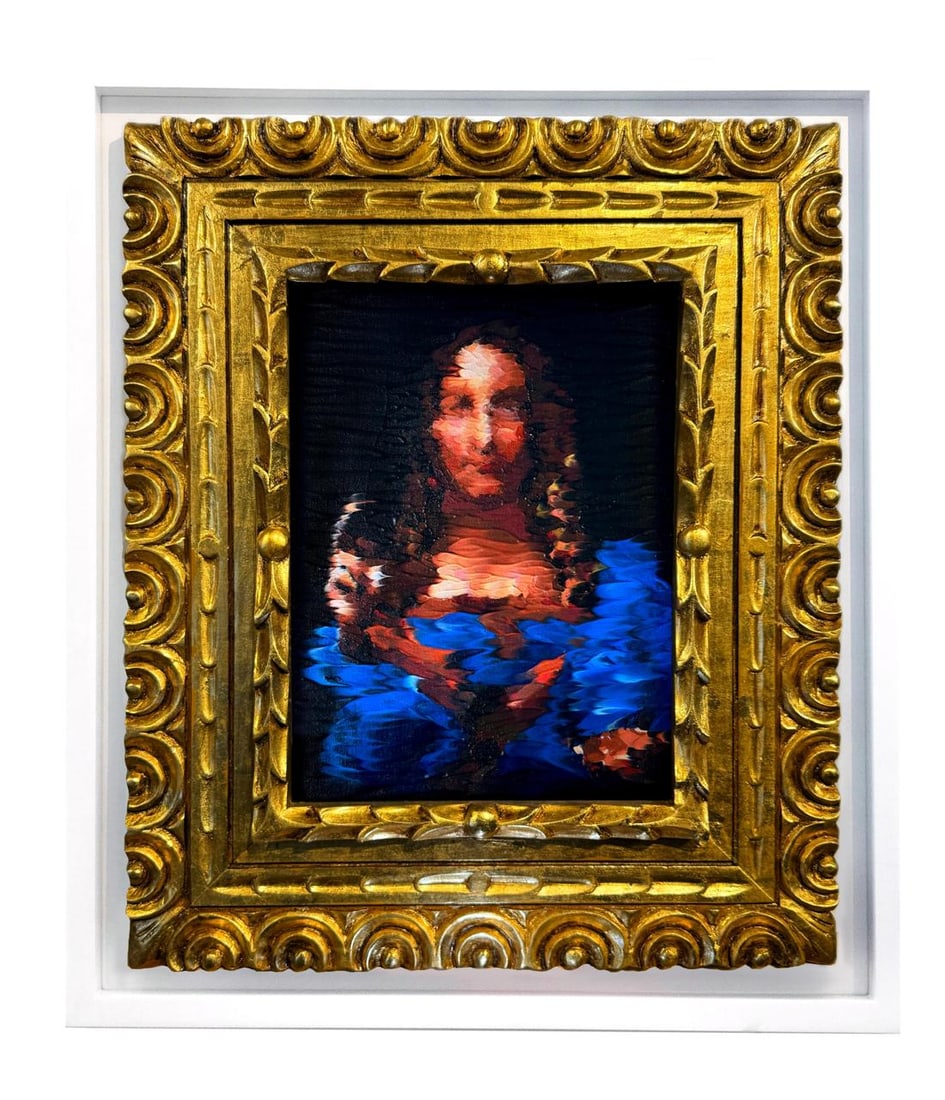 SASTOQUE, Alex, b. 1983 Hommage to da Vinci (Salvator Mundi), 2024: Oil and acrylic on canvas Signed lower right; signed verso Accompanied by a certificate of authenticity from the artist. 9.4 x 12.2 in. - 24 x 31 cm Framed dimensions: 20.4 x 23.2 in. - 52 x 59 cm Thi