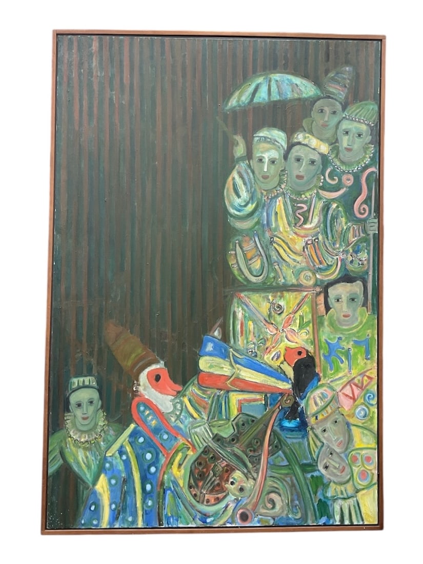 Monumental "Street Scene II" by Claude Simard (Canadian, b. 1934), Oil on Canvas, 1986: A large and visually striking oil on canvas by Canadian artist Claude Simard, titled Street Scene II and dated 1986. The composition presents a vibrant and expressive figurat
