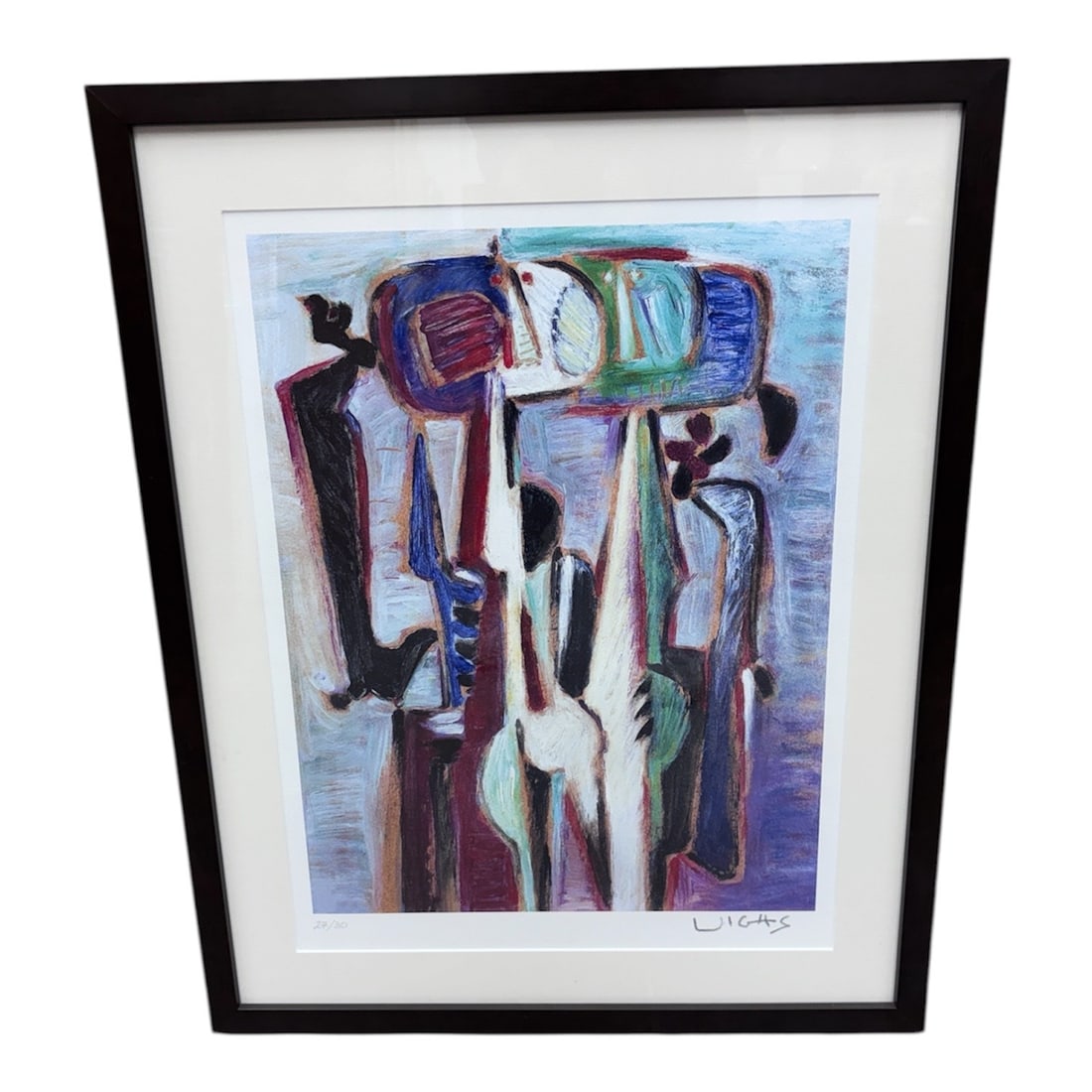 Untitled Composition by Oswaldo Vigas (Venezuela, 1923–2014), Limited Edition Screenprint 27/30: A vibrant and expressive figurative composition by renowned Venezuelan artist Oswaldo Vigas, known for his distinctive fusion of modernism and Latin American symbolism. This screen print features a gr