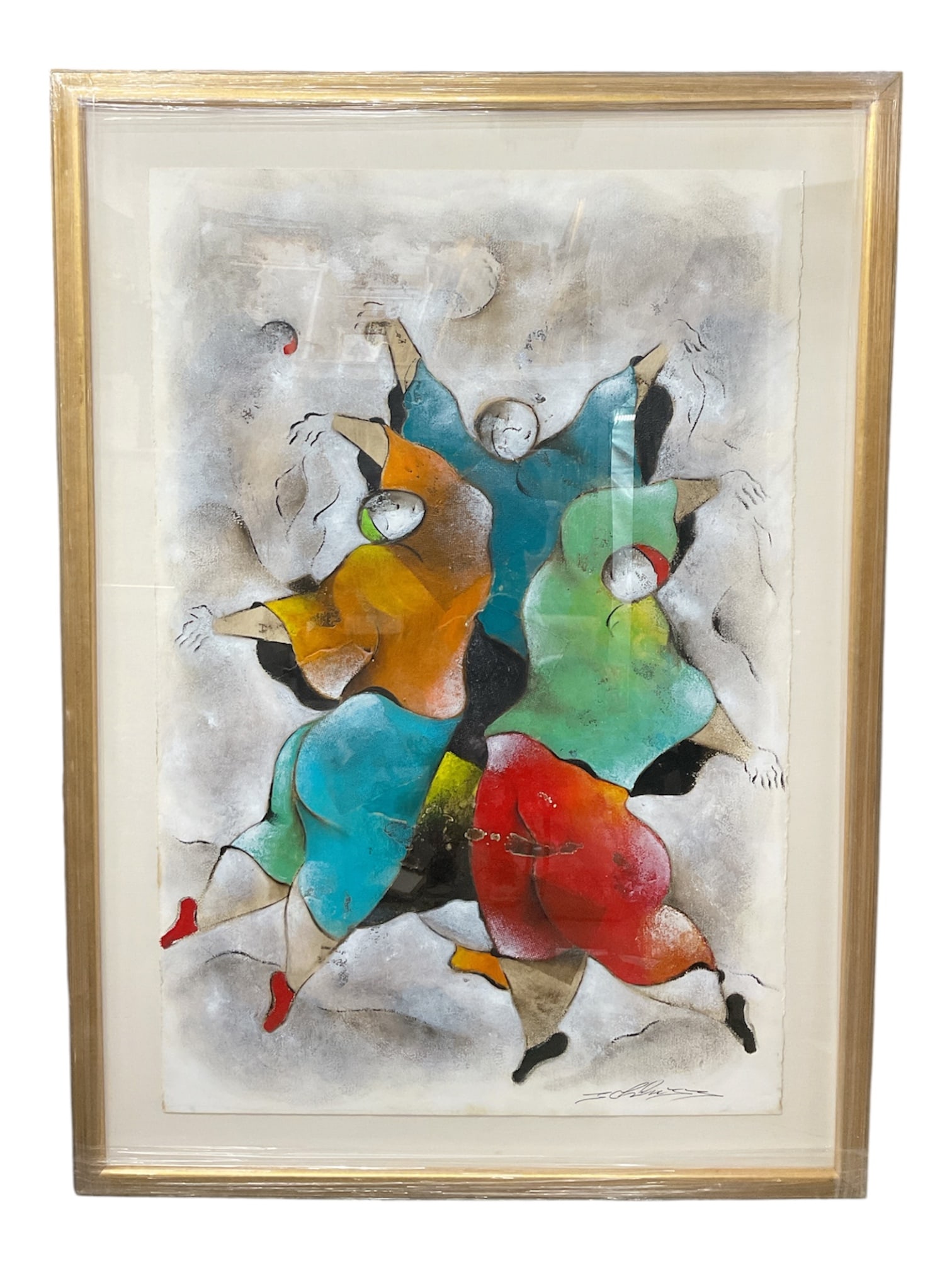 “Three Dancing Figures with Raised Arms?? by David Schluss (Israeli, b. 1943) Mixed Media on (1 of 5)