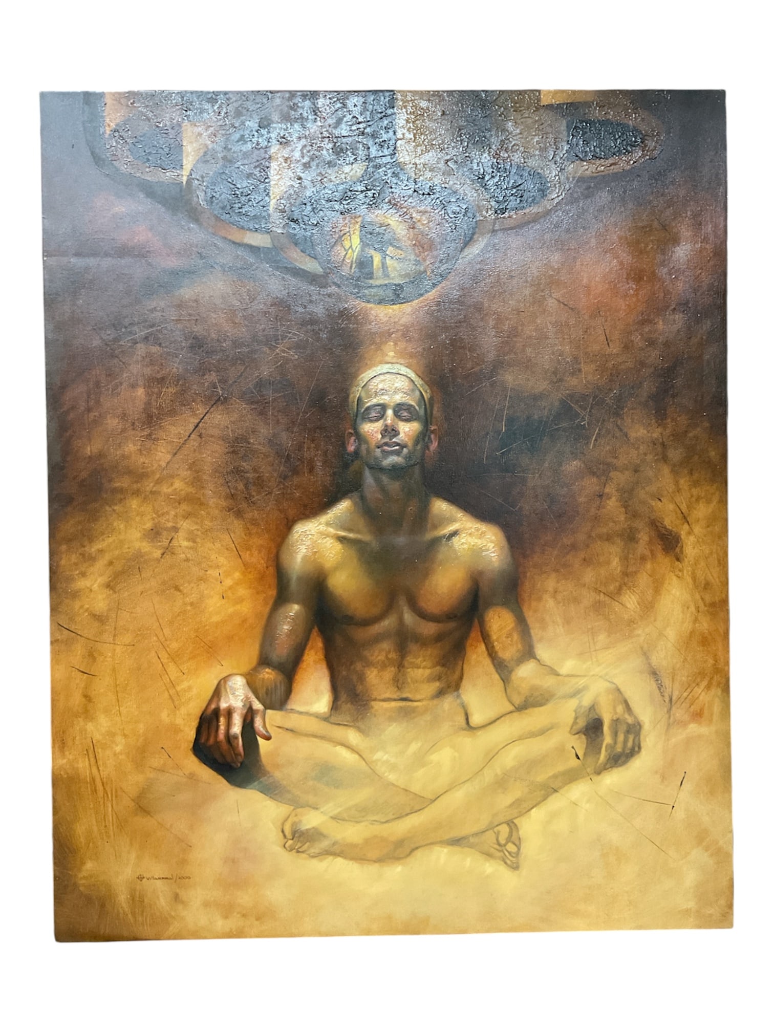 “El Silencio del Nazir?? by Yehoshua Villarreal (b. 20th Century) Oil on Canvas, 2001: A striking and contemplative figurative painting by Yehoshua Villarreal, titled El Silencio del Nazir. The composition depicts a meditative male figure seated in a cross-legged pose, rendered with dra