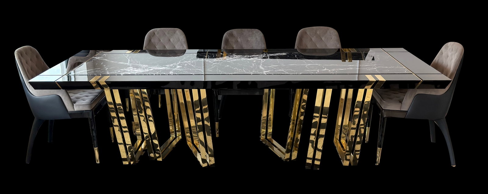 Luxxu Apotheosis 7 Piece Dining Set: Inspired By The Greek Mythology, The Apotheosis Dining Table Is The Glorification Of Design And Innovation. The Polished Brass Legs Give An Unusual And Chic Effect To This Piece That Supports A