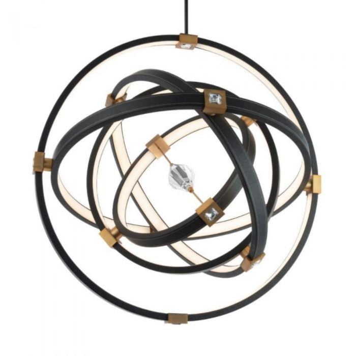 Schonbek Beyond Atomic Pendant: The Atomic Pendant is a rotating, artistic blend of movement and light in space. The Italian black leather bands are hand stiched and uniformly illuminate from within. Inside, the center of this