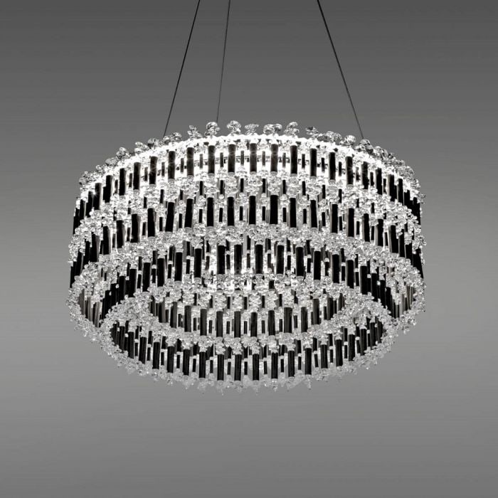 Schonbek Signature Tahitian 25" BLACK Pendant: Visit a paradise filled with breathtaking scenery. Tahitian is perfect for upmarket dining and entertaining settings. It was inspired by the Zen of lush bamboo forests. You have a choice of 3000K,