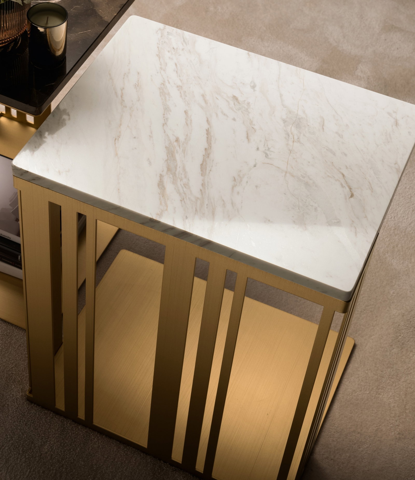 Atmosfera Side Table with Marble Top: Luxurious And Sturdy Coffee Table Featuring Satin Gold Finishing With Royal Calacatta Marble Top. Made In Italy.20"W x 16"D x 24"H