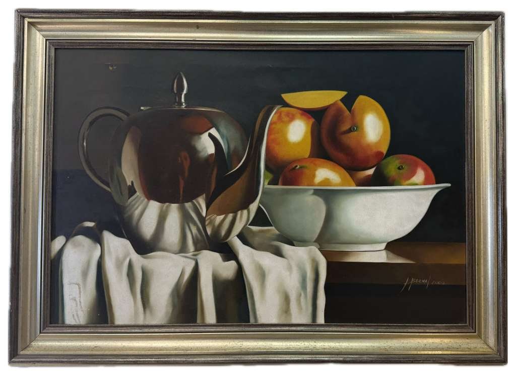 ORIGINAL H. BERNAL BOWL OF MANGOES OIL PAINTING: Original oil painting from H. Bernal41"W x 30"H