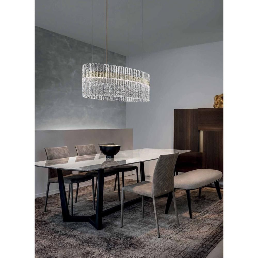 Masiero Vegas Oval Suspension: Light up your living space with the Vegas Suspension Light from Masiero. It has a metal frame and rock-crystal-effect glass strip diffusers48"W x 19"D x 16"H