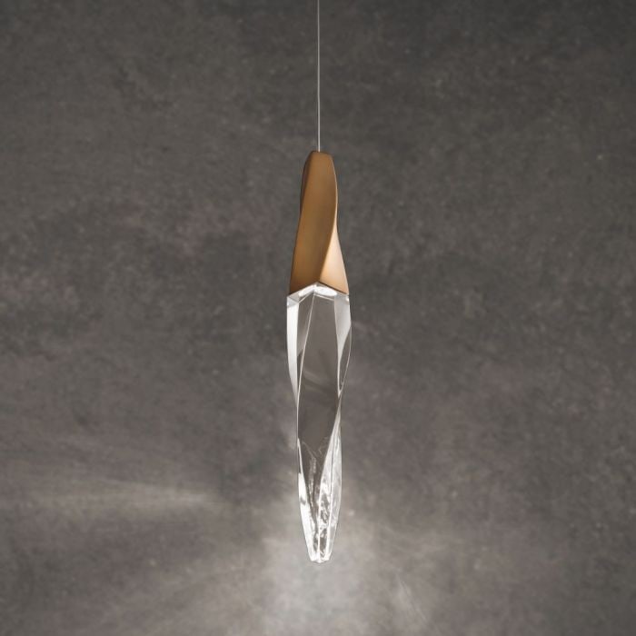Schonbek Beyond Kindjal 18'' Brass Pendant: This Kindjal Pendant includes a luxurious twisted icicle crystal portruding from a cohesive and elegant metal fitting which conceals the LED, providing stylish illumination for adequate downlighting.