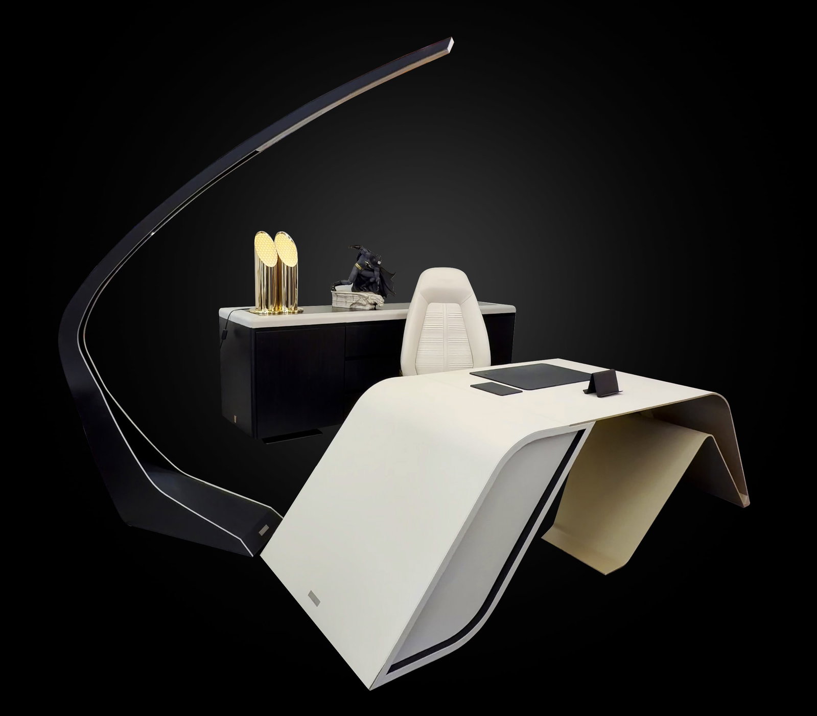 ASTON MARTIN V004 EXECUTIVE DESK AND V282 PRESIDENT CHAIR: The Aston Martin Interiors V004/A Desk Is For The Ceo Who Wishes To Make A Statement. The Desk Structure Is Aluminum With Upholstery In Oyster Colored Deer Leather With 3 Push And Pull Drawers.102"W x
