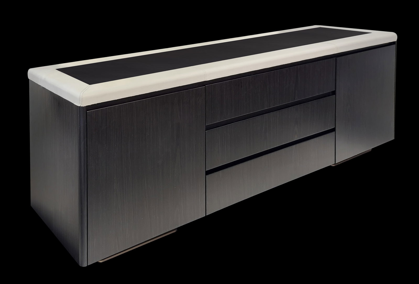 Formitalia Glamour Office Yangoon Credenza: The Yangoon Credenza boasts a sleek and contemporary design. It features a tabletop upholstered in leather with a planked black veneer insert. The front door and drawers are made from the same wood