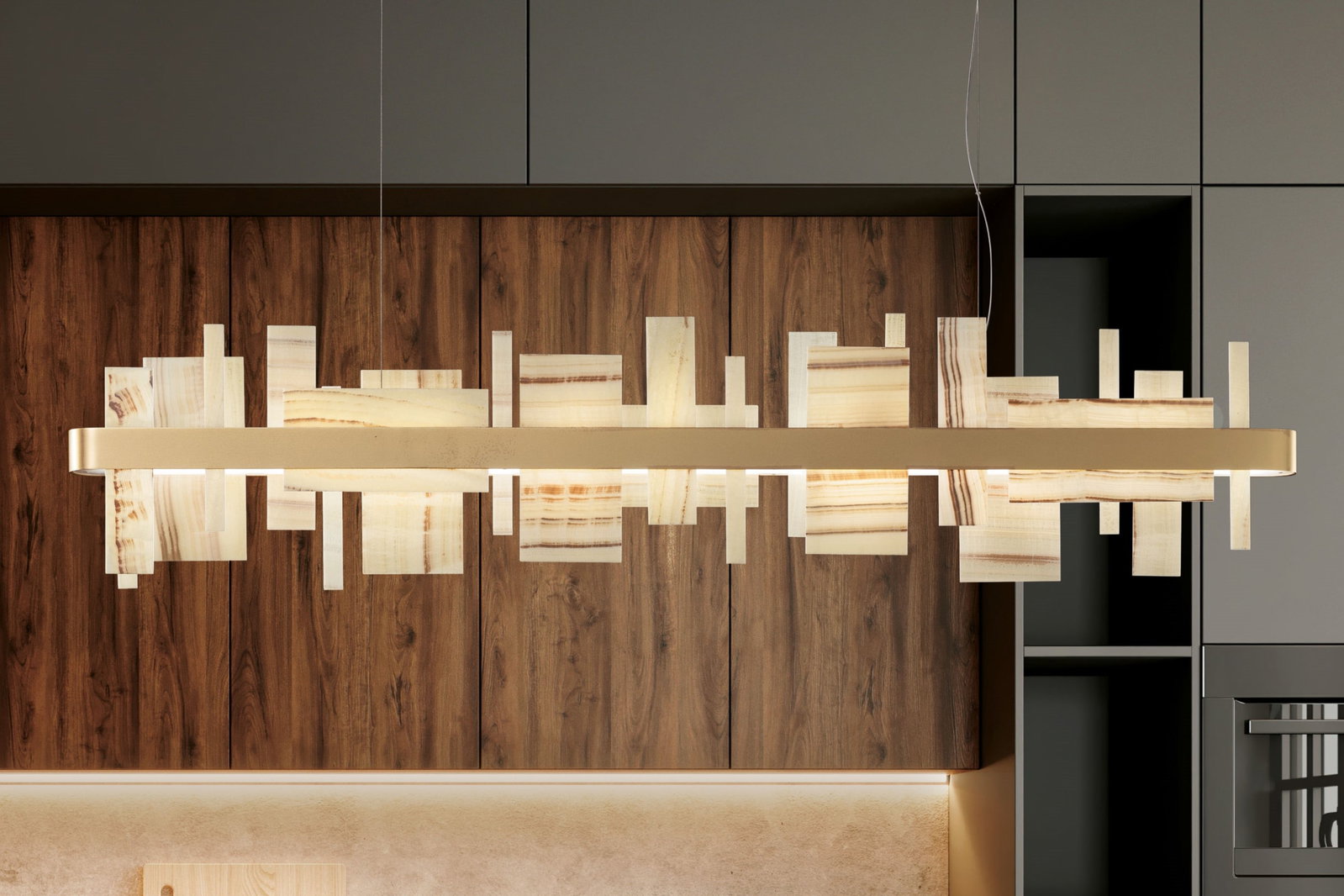 Masiero Honice S150 Pendant Light: Honice draws inspiration from the magnificence and allure of onyx, which is one of the oldest stones on the planet. According to legend, onyx came into existence when Cupid clipped Venus' nails. As th
