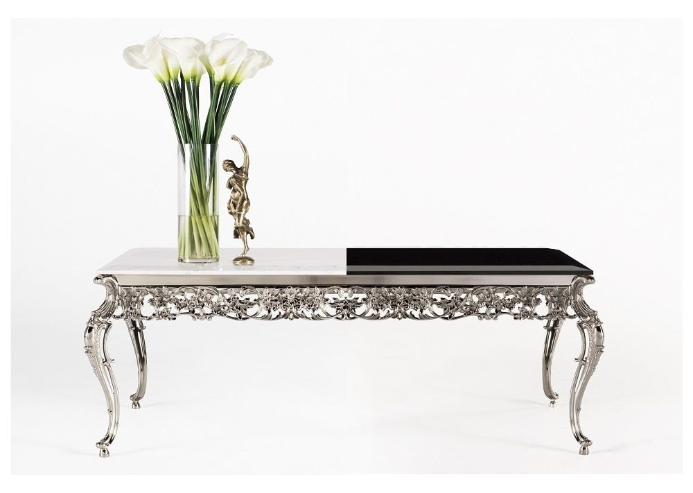 Valente Leonor Coffee Table: A stunning coffee table crafted in fused bronze, showcasing a bold yet sophisticated contemporary aesthetic. Enhanced with exquisite nickel plating, the piece radiates a luxurious metallic brilliance 