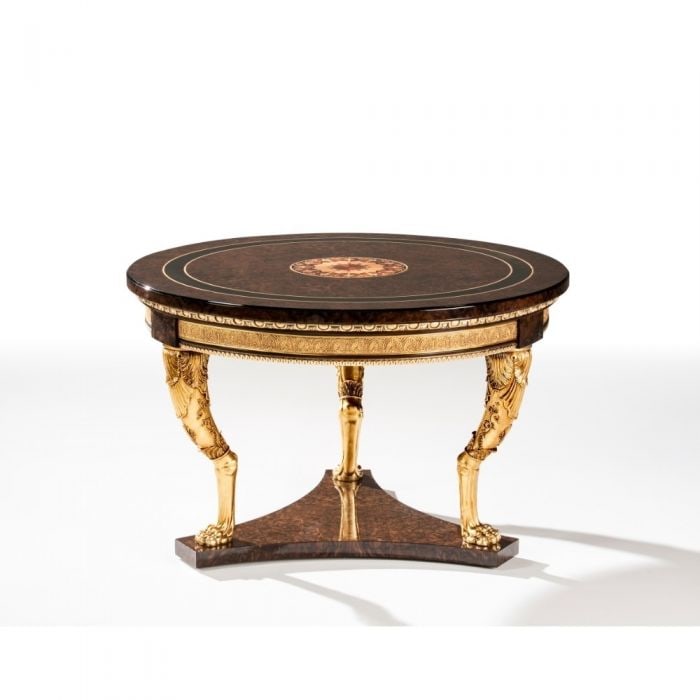 Mariner 50405 Singular Pieces Round Table: An Elegant Walnut Burl Veneer Round Table With Inlays, Hand Carved Gilded Wood And Casted Bronze.50"DIAM x 32"H