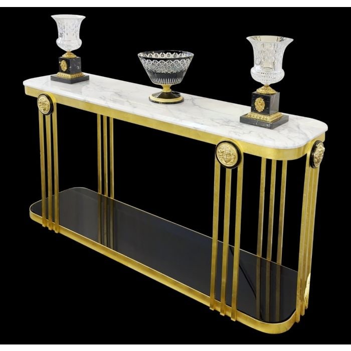 Mariner 50488 Mayfair Calacatta Marble Console: This Mayfair Collection Is A Combination Of Design And Quality, Made Of American Walnut Veneer, Metallic Structure In Iron Decorated In Gold Leaf And Calacatta Marble.67"W x 21"D x 34"H