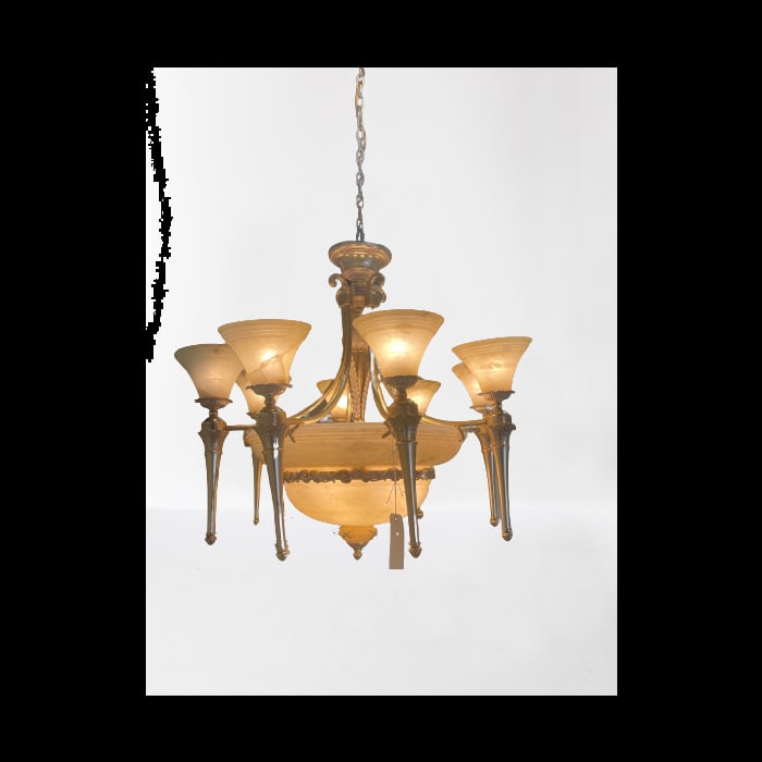 Luxe Home Interiors D51 Chandelier: Alabaster shade 6 light Chandelier with Alabaster bottom center and rustic gold finish crowns.