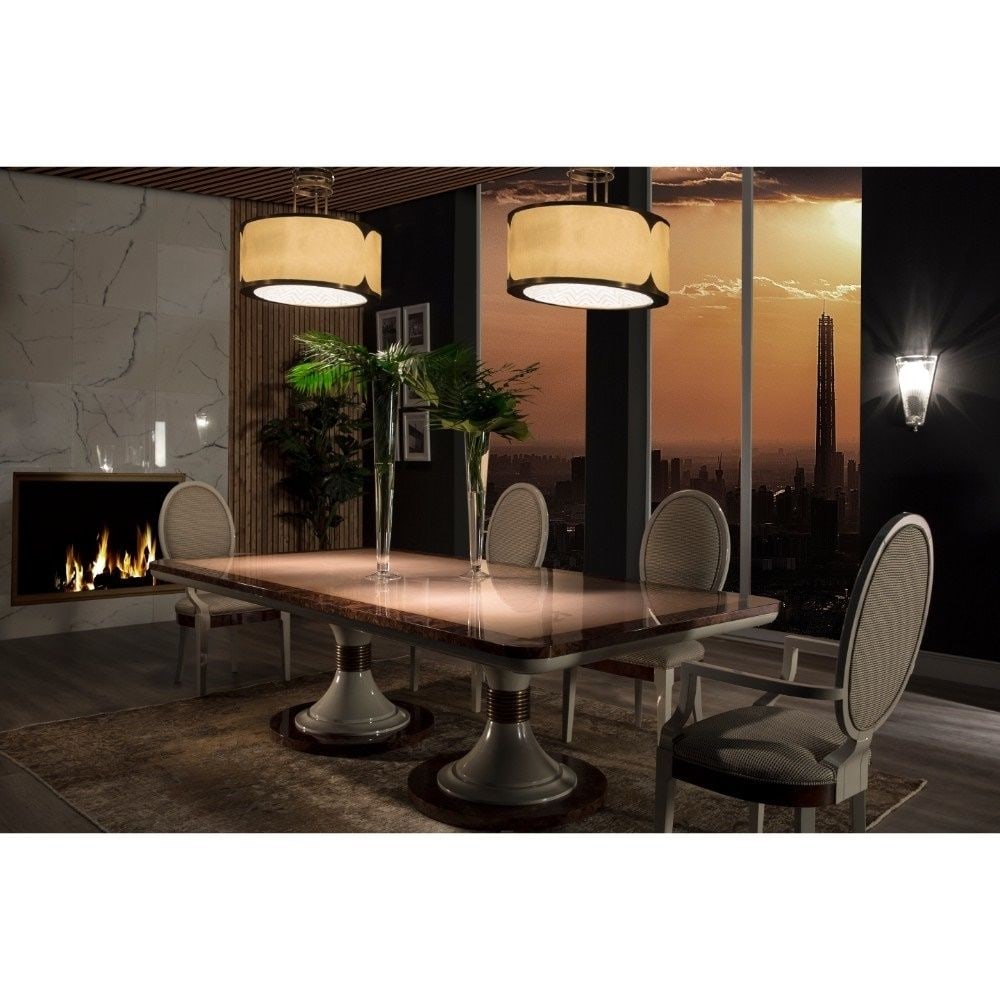 MARINER ASCOT 9 PIECE DINING SET: The Ascot Collection is a modern, contemporary design that includes bronze castings, walnut burl veneer, and washed ash wood. Made in Spain. Set include 1 Table, 6 Chairs, and 2 Armchairs.