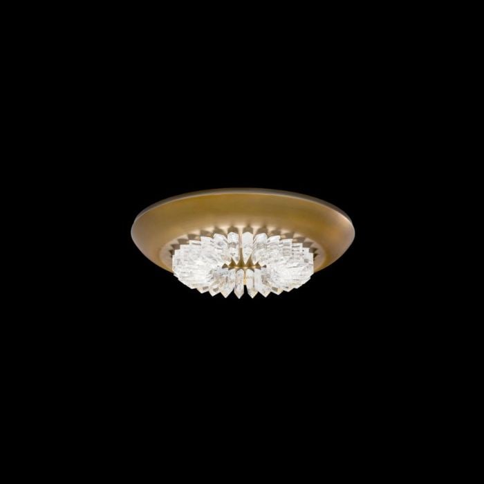 Schonbek Signature S8816 Bellaire 16In LED Flush Mount: Bellaire is a ceiling light fixture that exudes a chic and timeless appeal. Its aged brass dish, which conceals LED light sources, exquisitely captures a ring of flat, faceted Optic Crystal and a
